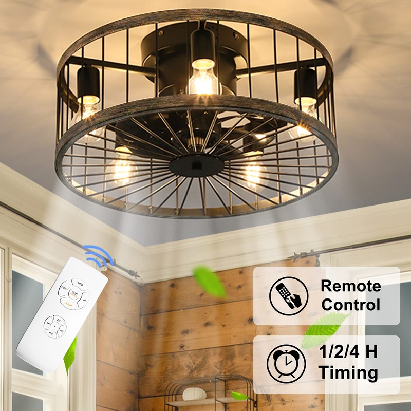 Ohniyou Flush Mount Caged Ceiling Fan with Lights Remote Control,