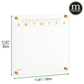 mDesign Modern Acrylic Calendar for Wall with Dry Erase Marker - Wall Mount Monthly Planner Board for Home, Office, Kitchen - 11.81" Square - Clear/Gold Print with Gold Finish Mounting Hardware