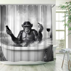 Funny Monkey Shower Curtain Fun Black Animal in Bathtub Bubble Taking Bath Vintage Wildlife Farmhouse Cool Men Boys Bathroom Decor Polyester Fabric Curtains with Hook 70Wx70H Inches
