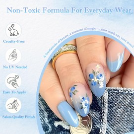 24PCS Blue Flower Press On Nails – Full Coverage Acrylic False Nails with French Tip, Medium Almond Shape, Blue Gradient Spring/Summer Design, 12 Sizes with Accessory Tools