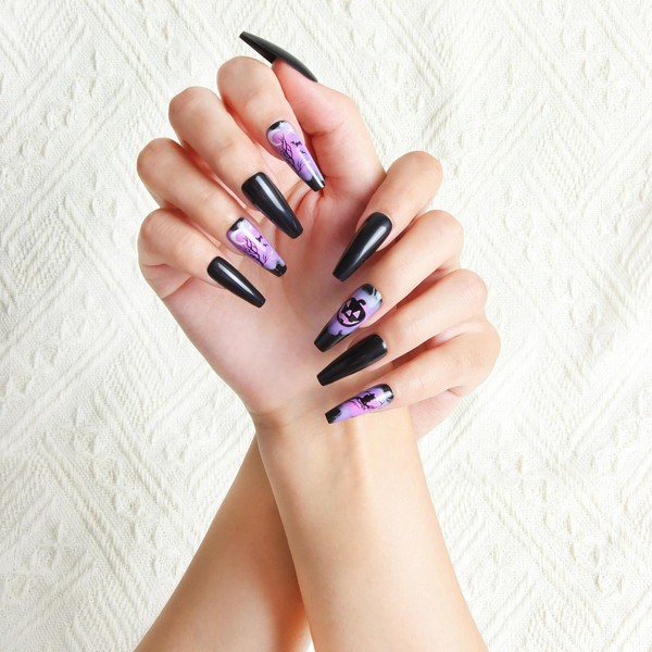Melines 24pcs Halloween Purple Night Long Square Press On Nails