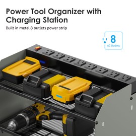 CCCEI Modular Power Tool Organizer Wall Mount Charging Station, Grey 6 Drills Holder with 8 Plug Power Strip 6FT, Garage Drill Battery Heavy Duty Metal Shelf, Utility Rack with Hooks, Side Storage.