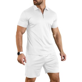 YTD Men's Short Sleeve Polo Shirts Set Zipper Muscle T Shirts Casual Athletic Workout Tee Tracksuit XXL White