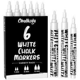 Chalkola 6 Chalk Pens for Blackboard, Washable, White, 1 mm, 3 mm and 6 mm Tip