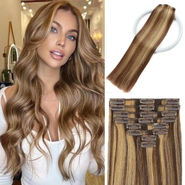 MIBOLT Clip in Human Hair Extensions - Dark Brown/Blonde Real Human Hair 8pcs Double Weft Handmade 100% Remy Hair Extensions 22Inch #4P27