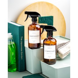 Vine Creations Amber Glass Spray Bottles 2 Pack with Waterproof Labels & Accessories, Thick 16oz Refillable Bottle for Essential Oils, Cleaning Solutions, Adjustable Nozzle with Mist & Stream Option