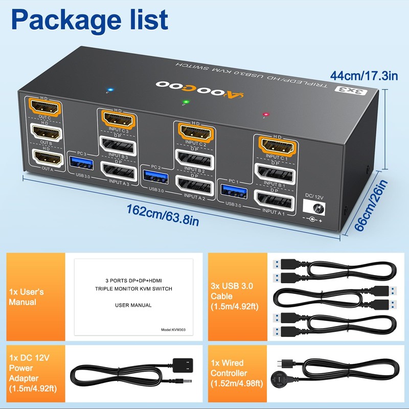 8K HDMI DP KVM Switch 3 Monitors 3 Computers, 8K@60Hz/4K@144Hz