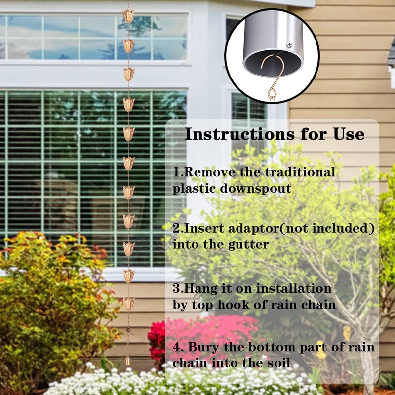 Qipade Rain Chains for Gutters, 8.3ft Length Copper Lotus Rain