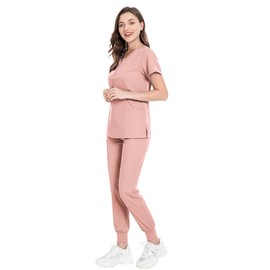 Meichoon Scrubs Set Split Crew Neck Top with 4 Pockets Stretch Fit Jogging Bottoms Medical Uniform Dental Grooming Pet DK07, pink