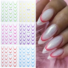 6 Sheets French Tip Nail Stickers Colorful Gradient French 3D Self-Adhesive Nail Decals Rainbow Colors Curved Lines Acrylic Nail Art Stickers for Nail Art Women Girls Nail Art Decorations Supplies