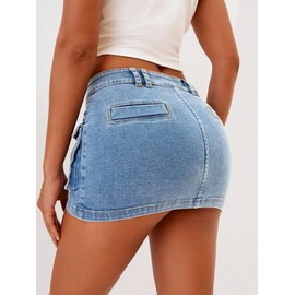 ELLEVEN Cargo Mini Skirt for Women Low Waist Y2K Bodycon Low Rise Denim Women's Skirts High Stretchy Button Cute Skort Mini Jean Skorts with Pockets Denim Blue Small