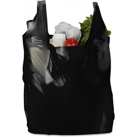 isupli 90 x Black Vest carrier Plastic Bags Heavy Duty Plastic Material Reusable Carry Bags Ideal For Shopping Groceries and Super Market Size 11" x 17" x 21"
