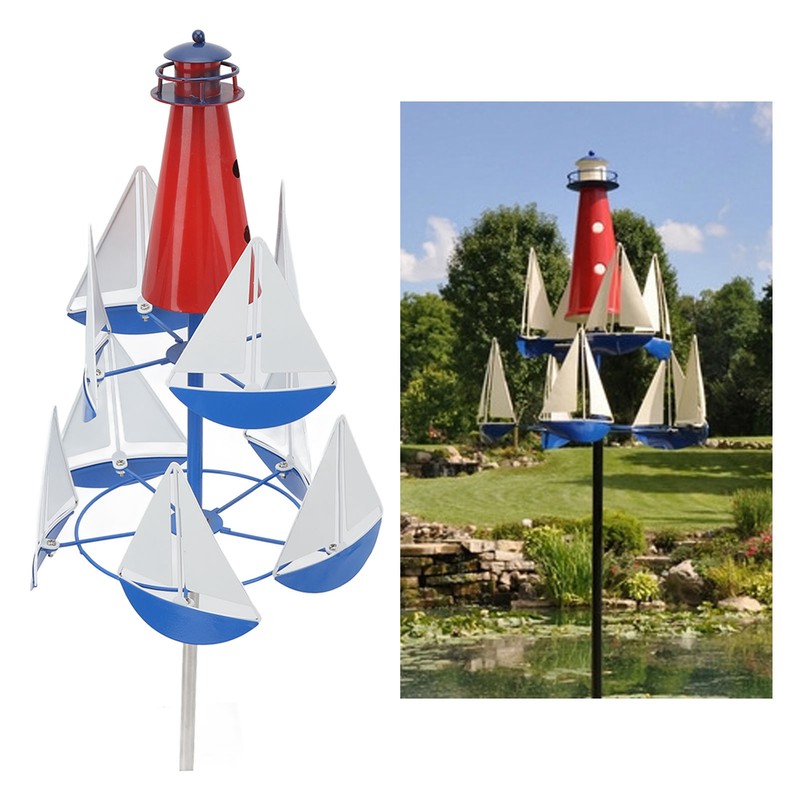Summer Lighthouse Sailboat Windmills 360 Degree Rotation Weathervane Metal Windmill