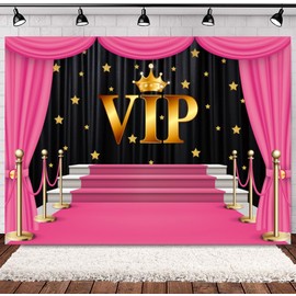 INRUI Pink Carpet VIP Photography Backdrop Stage Channel Gold Glitter Spots With Curtain Background Party Video Shoots Decorations (2.1x1.5m)