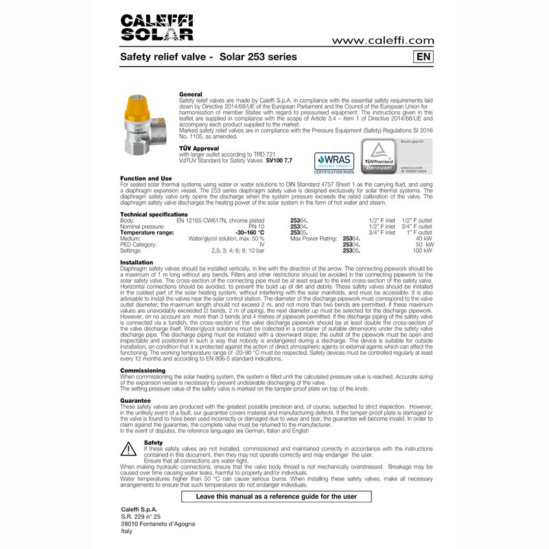 253048 Safety Valve for Solar Systems 1/2 Inch F x