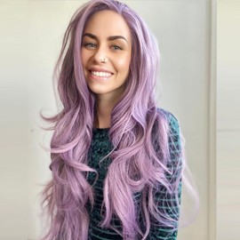 AFBeauty Synthetic Lace Front Wigs Long Wavy Lace Front Purple Wigs Free Part Loose Curly Heat Resistant Fiber Hair Glueless Lace Wigs Daily Party Wigs 24 Inch Light Purple Color Free Part Lace Wig