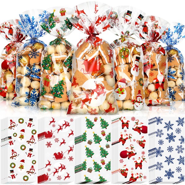 Outus 200 Pieces Christmas Cellophane Treat Bags, Plastic Christmas Cello Bags with Twist Ties for Candy, Cookie, Goodies, Present Wrap, Xmas Party Favor Supplies (Vivid Pattern)