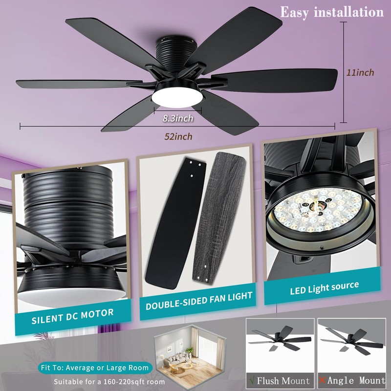 52inch Black Ceiling Fans with Lights and Remote/App Control, Low