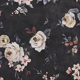 Kt KILOtela - - Canvas Fabric, Digital Print, Half Panama Organic Cotton, Oeko-Tex Standard 100, Length 100 cm x Width 280 cm, Lexignton Floral - Dark Grey, Pink, 1 Metre