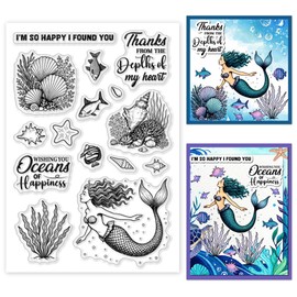 GOMAKERER 1 Sheet Marine Elements Clear Stamp, Ocean Mermaid Rubber Clear Stamps Transparent Silicone Stamps Seal for DIY Scrapbooking Card Making Decoration, 6.3x4.3 Inches