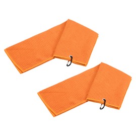 YOKIVE 2 Pcs Tri-Fold Golf Towels, Golf Club Waffle Pattern Towels with D Clip for Golf Balls Lovers (Orange, 16x16-Inch)