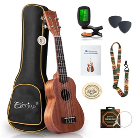 Everjoys Mahogany Soprano Ukulele Starter Kit - Professional 21 inch w/Case Strap Tuner Aquila Strings Pick (Natural Mahogany)