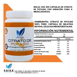 Citrato De Magnesio Y Citrato De Potasio 500 Cápsulas C/u | Suplemento Alimenticio | Saisa Herbal Sin sabor | Alta biodisponibilidad | Apoyo del sueño, Ayuda a fortalecer musculos, Vitalidad