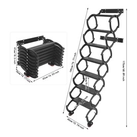 FXEIPOL 7 Steps Wall Mounted Folding Ladder, Metal Attic Stairs Pull Down System, Telescoping Step Ladders, 68.89In Height, 440LBS Capacity for Garages, Rooftops, Warehouses (Black)
