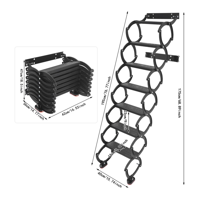 FXEIPOL 7 Steps Wall Mounted Folding Ladder, Metal Attic Stairs