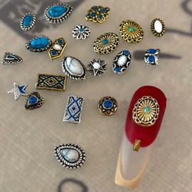 Retro Palace Nail Charms 21pcs Blue Retro Gems Nail Accessories Alloy Round Palace Style Nail Decorations Gold Exotic Flat Deocr Rhinstone Nail Art Charms for Manicure DIY