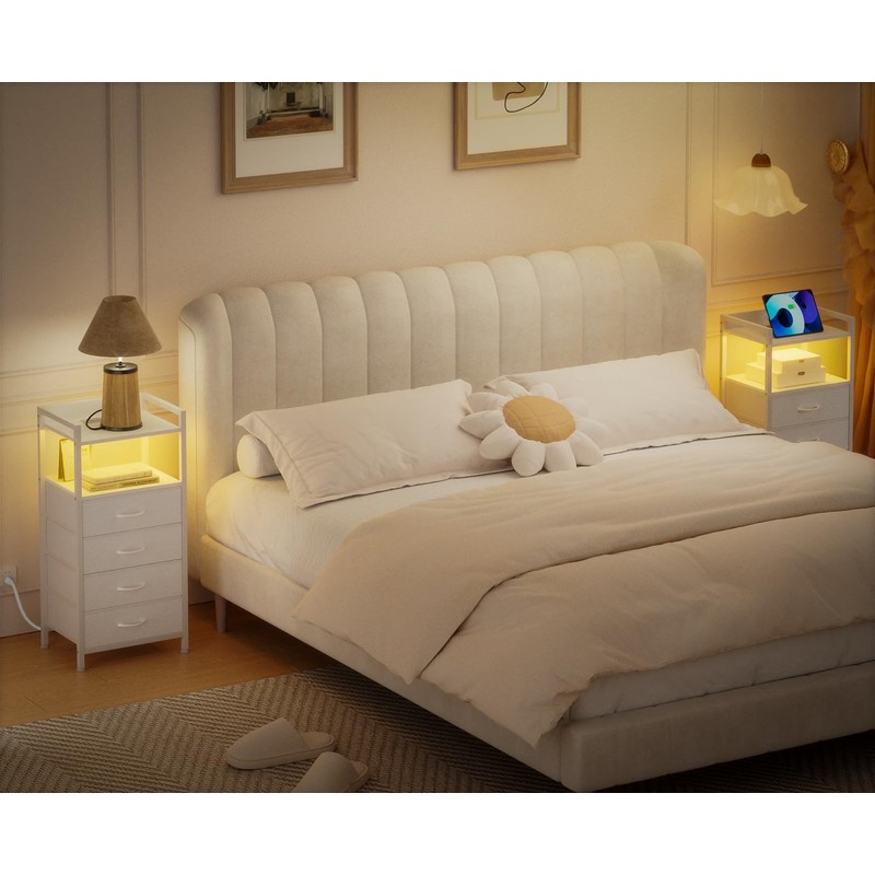 Furnulem White Nightstand with Charging Station, Night Stand Side Table
