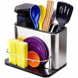Dispensador de Jab?n Cocina 3 en 1 con Porta Esponja Y Soporte Para Cepillo, Organizador de Fregadero y Tarja de Acero Inoxidable, Jabonera para Trastes con Bandeja de Drenaje