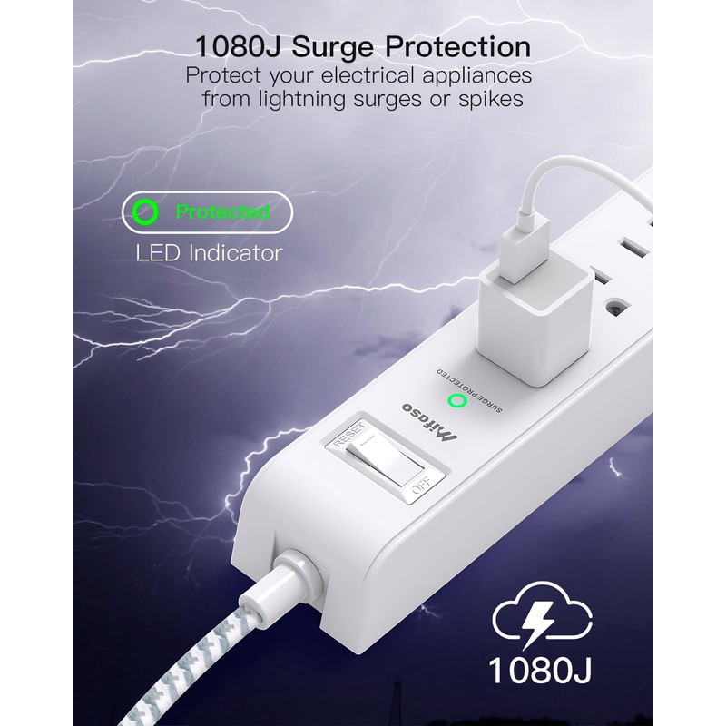 2 Pack Extension Cord 10ft Power Strip - Surge Protector