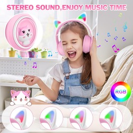 BLAZDEVE Bluetooth Cat Ear Headphones, Foldable Ear LED Light Child Wireless Headphones with Microphone and LED Light for Child, Compatible with Mobile Phones PC Tablet (Pink)