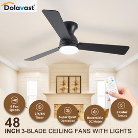 Dolavast Ceiling Fans with Lights, 48 inch Low Profile Ceiling Fan with Light and Remote Control, Flush Mount, Reversible, 3CCT, Dimmable LED, Noiseless, Black Ceiling Fan for Bedroom, Dining Room