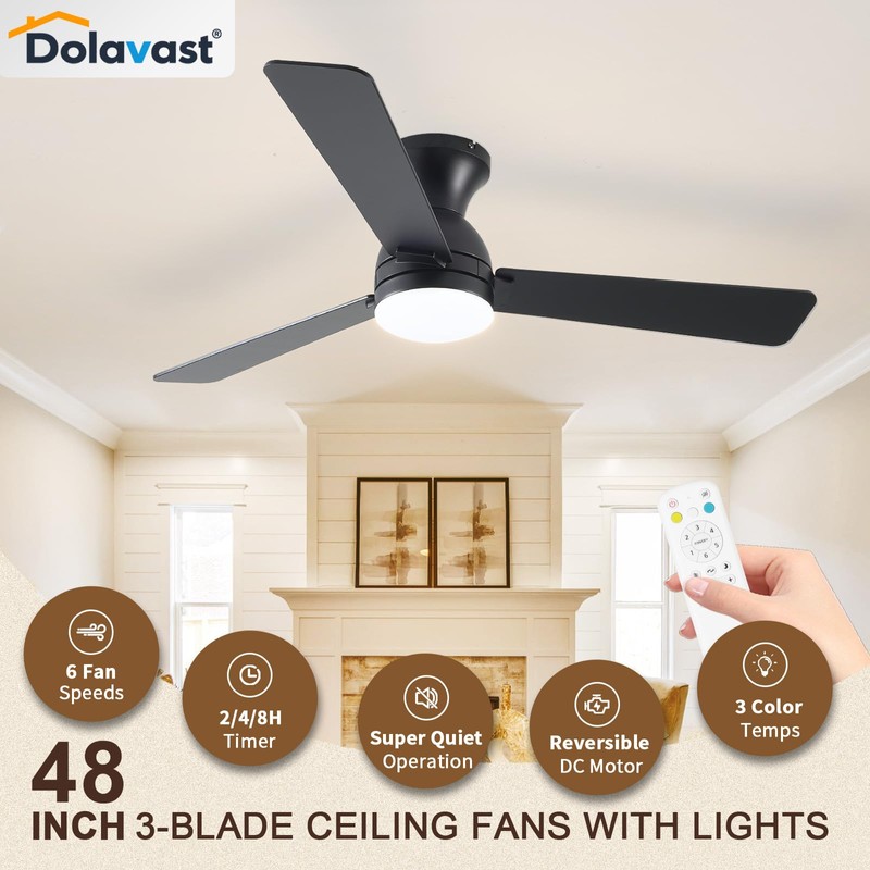 Dolavast Ceiling Fans with Lights, 48 inch Low Profile Ceiling