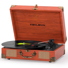 TANLANIN Suitcase Record Player with Speakers, Bluetooth in/Out, Red Brown