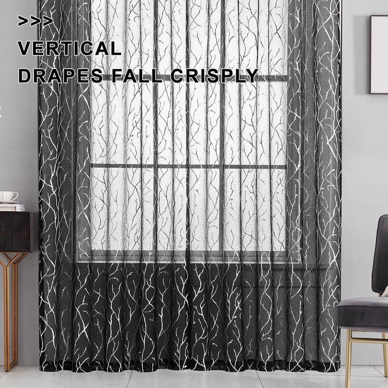FINECITY Curtains, 2 Pair Black Silver Sheer, 52 x 84