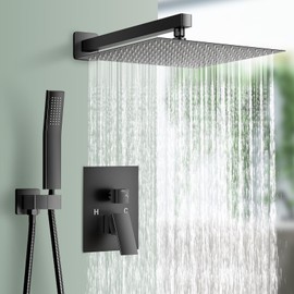 NERDON Shower System, 12 Inch Matte Black High Pressure Rain Shower Head with Handheld, Wall Mounted Mixer Shower Combo Set, Bathroom Rainfall Shower head Shower Faucet Brass Shower Valve and Trim