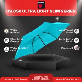 Knirps Ultra US.050 Slim Manual Pocket Umbrella - Ultra Light and Flat - Storm Resistant - Windproof - 21 cm, aqua, S, Compact