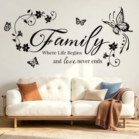SHUCHING Family Quote Wall Stickers Peel and Stick, Removable Butterfly Floral Wall Decor for Living Room Bedroom Home