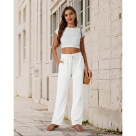 SEMARO Womens Casual Linen High Waist Pants Drawstring Loose Fit Summer Pants Trousers with Side Pockets White