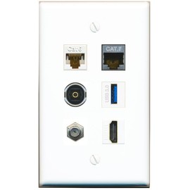 RiteAV CAT6 CAT7 Coax HDMI TOSLINK USB-3 Flat/Solid Wall Plate [White]