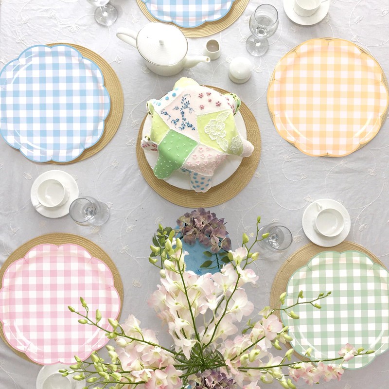 48Pcs Pastel Plaid Paper Plates, Scalloped, 9 Inch, 4 Colors
