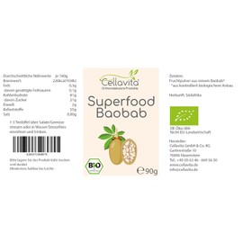 Cellavita Superfood Baobab Organic Powder Extract | Organic & Vegan | Made in Germany - (90 g in Glass)