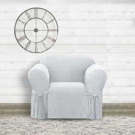 SureFit Farmhouse Basketweave Box Cushion One Piece Slipcover with Ties, Armchair Cover, Relaxed Woven Fit, 100% Cotton, Machine Washable, Grey Color