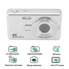 Digital Camera, 12MP 1080P Vlogging Camera, Compact Camera with 16x Zoom, Auto Focus, Point and Shoot Cameras for Kids, Adults, Beginners (Silver)