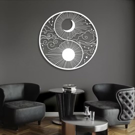 Metal Wall Decor, Sun Moon Metal Wall Decor, Yin Yang Metal Wall Art, Metal Sun Moon Wall Decor, Sun Moon Wall Decor, Yin Yang Wall Decor, Yin Yang Art Wall Decor, Living Room Wall Hangings (White, 24"x 24"| 62x62cm )