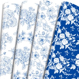 Keluna Chinoiserie Gift Wrapping Paper - 12 Sheets 4 Design White Blue Flower Gifts Wrapping Paper, Blue Flower Bridal Wedding Wrapping Paper for Gifts, Christmas Birthday Party Gifts Wrapping Paper