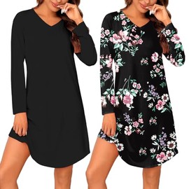 Marvmys 2 Pack Long Sleeve Nightgowns for Women Cotton Night Gowns Sleepwear V Neck Nightshirts Black & Floral Black L